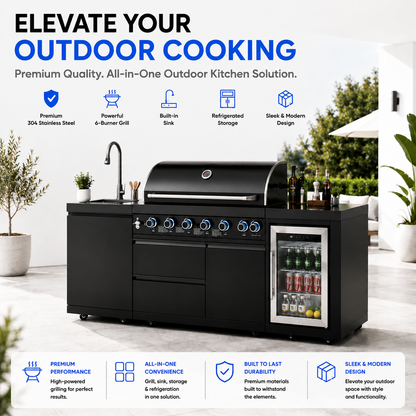 Outdoor Kitchen Island 82.5 Inch 6 Burner Propane Gas BBQ Grill 83500 BTU 304 Stainless Steel Black Color With CSA, ETL Certification + Sink + Refrigerator