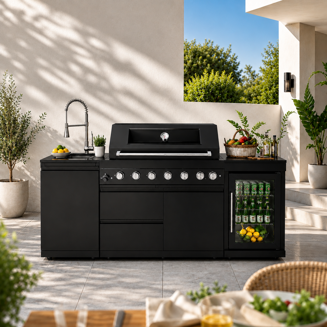 43-Inch 6-Burner 85,000 BTU Stainless Steel Outdoor Kitchen Island Grill with Wine Cooler Refrigerator, Rotisserie Kit, Granite Countertops & Stainless Steel Sink