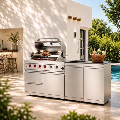 46-Inch 4-Burner 72000 BTU Deluxe Stainless Steel Gas Outdoor Kitchen Bar Barbecue Island Grill +Side B Rotisserie + Granite Countertops + Storage Cabinets & Drawers + Stainless Steel Sink/Faucet