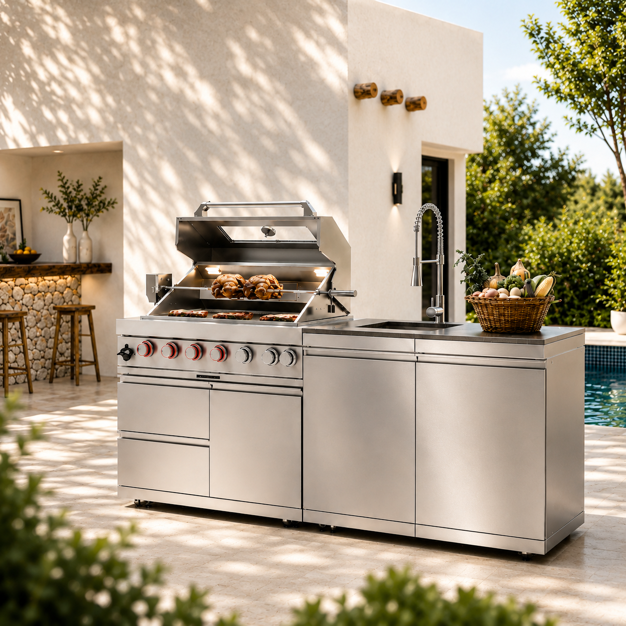 43-Inch 6-Burner 85000 BTU Deluxe Stainless Steel Gas Outdoor Kitchen Bar Barbecue Island Grill  + Rotisserie + Granite Countertops + Storage Cabinets & Drawers + Stainless Steel Sink/Faucet