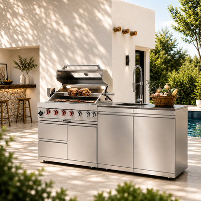 43-Inch 6-Burner 85000 BTU Deluxe Stainless Steel Gas Outdoor Kitchen Bar Barbecue Island Grill  + Rotisserie + Granite Countertops + Storage Cabinets & Drawers + Stainless Steel Sink/Faucet