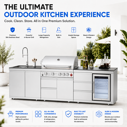 Outdoor Kitchen Island 102.4 Inch 4 Burner Propane Gas BBQ Grill 59500 BTU 304 Stainless Steel Silver Color With CSA, ETL Certification + Sink + Refrigerator