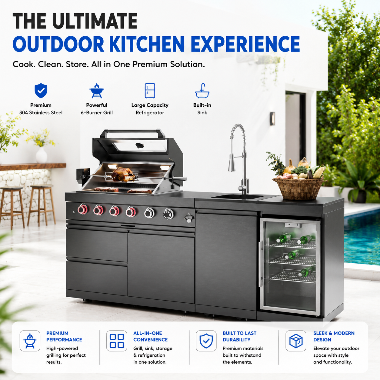 46-Inch 4-Burner 72000 BTU Deluxe Stainless Steel Gas Outdoor Kitchen Bar Barbecue Island Grill + Wine Cooler Compact Refrigerator + Rotisserie kit + Granite Countertops + Stainless steel Sink-85