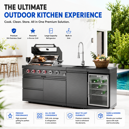 46-Inch 4-Burner 72000 BTU Deluxe Stainless Steel Gas Outdoor Kitchen Bar Barbecue Island Grill + Wine Cooler Compact Refrigerator + Rotisserie kit + Granite Countertops + Stainless steel Sink-85