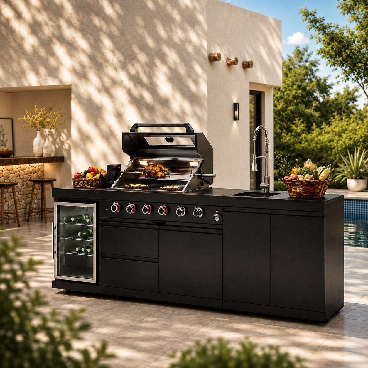 46-Inch 4-Burner 72000 BTU Deluxe Stainless Steel Gas Outdoor Kitchen Bar Barbecue Island Grill + Wine Cooler Compact Refrigerator + Rotisserie kit + Granite Countertops + Stainless steel Sink-104