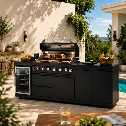 43-Inch 6-Burner 85000 BTU Deluxe Stainless Steel Gas Outdoor Kitchen Bar Barbecue Island Grill + Wine Cooler Compact Refrigerator + Rotisserie kit + Granite Countertops + Stainless steel Sink