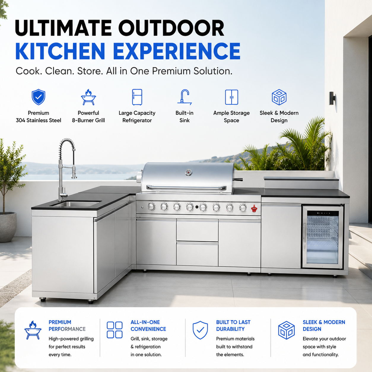 Outdoor Kitchen Island 95.8 Inch 6+1 Burner Propane Gas BBQ Grill 95500 BTU 304 Stainless Steel Silver Color With CSA, ETL Certification + Sink + Refrigerator + Bar Table