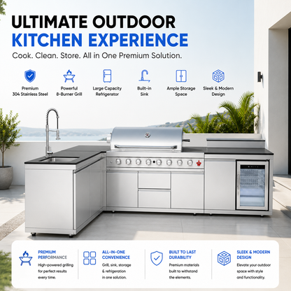 Outdoor Kitchen Island 95.8 Inch 6+1 Burner Propane Gas BBQ Grill 95500 BTU 304 Stainless Steel Silver Color With CSA, ETL Certification + Sink + Refrigerator + Bar Table
