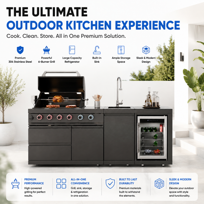 Outdoor Kitchen Island 85.2 Inch 4+1 Burner Propane Gas BBQ Grill 71500 BTU 304 Stainless Steel Black Color With CSA, ETL Certification + Sink + Refrigerator