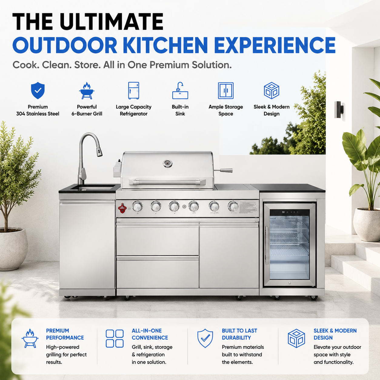 Outdoor Kitchen Island 85.2 Inch 4+1 Burner Propane Gas BBQ Grill 71500 BTU 304 Stainless Steel Silver Color With CSA, ETL Certification + Sink + Refrigerator + Bar Table