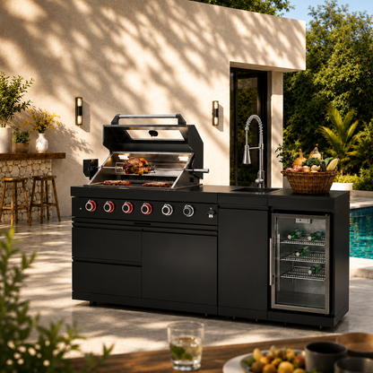 46-Inch 4-Burner 72000 BTU Deluxe Stainless Steel Gas Outdoor Kitchen Bar Barbecue Island Grill + Wine Cooler Compact Refrigerator + Rotisserie kit + Granite Countertops + Stainless steel Sink-85