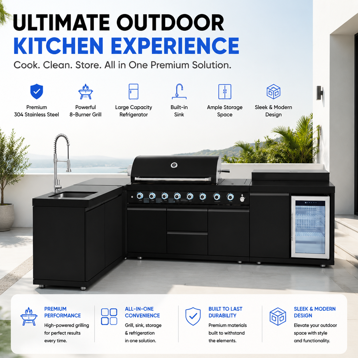 Outdoor Kitchen Island 95.8 Inch 6+1 Burner Propane Gas BBQ Grill 95500 BTU 304 Stainless Steel Black Color With CSA, ETL Certification + Sink + Refrigerator + Bar Table