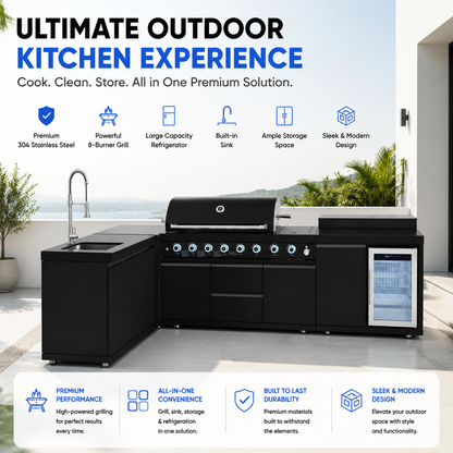 Outdoor Kitchen Island 95.8 Inch 6+1 Burner Propane Gas BBQ Grill 95500 BTU 304 Stainless Steel Black Color With CSA, ETL Certification + Sink + Refrigerator + Bar Table