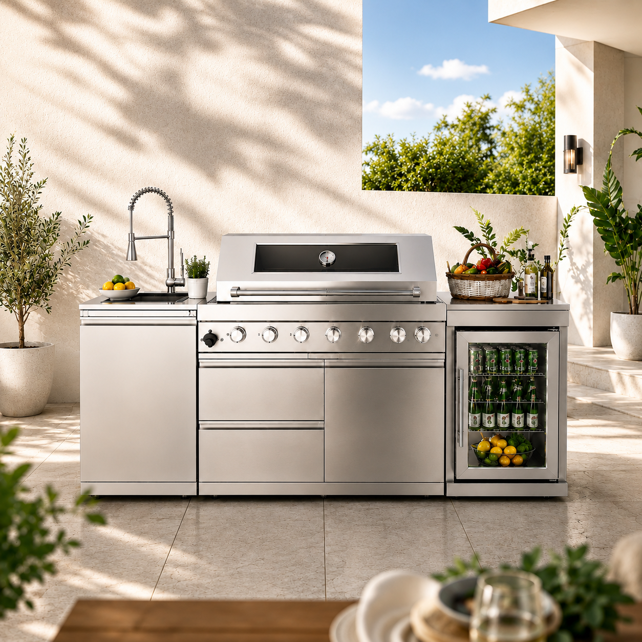 44-Inch 6-Burner 85,000 BTU Deluxe Stainless Steel Gas Outdoor Kitchen Island Grill with Wine Cooler Refrigerator, Rotisserie, Granite Countertops, Storage Cabinets & Drawers