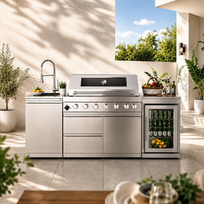 44-Inch 6-Burner 85,000 BTU Deluxe Stainless Steel Gas Outdoor Kitchen Island Grill with Wine Cooler Refrigerator, Rotisserie, Granite Countertops, Storage Cabinets & Drawers