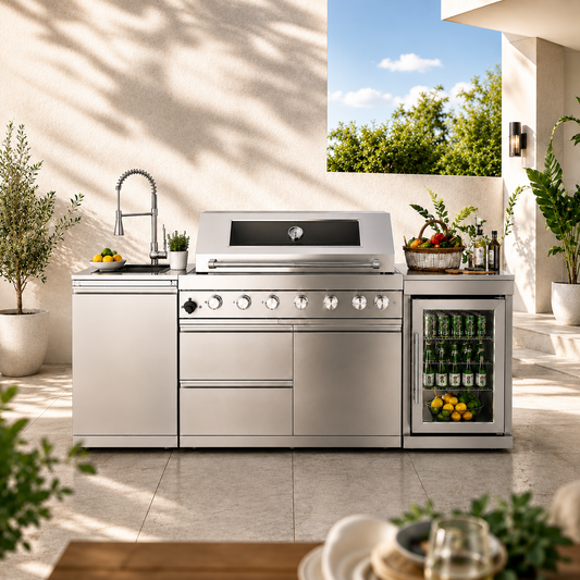44-Inch 6-Burner 85,000 BTU Deluxe Stainless Steel Gas Outdoor Kitchen Island Grill with Wine Cooler Refrigerator, Rotisserie, Granite Countertops, Storage Cabinets & Drawers