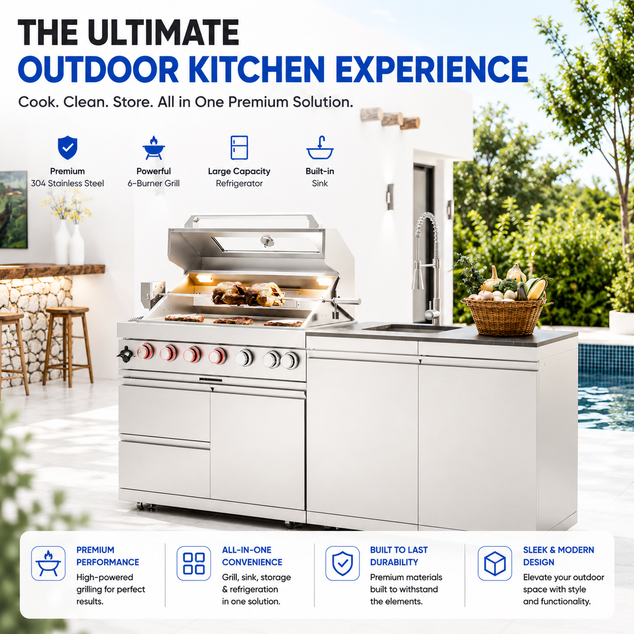 43-Inch 6-Burner 85000 BTU Deluxe Stainless Steel Gas Outdoor Kitchen Bar Barbecue Island Grill  + Rotisserie + Granite Countertops + Storage Cabinets & Drawers + Stainless Steel Sink/Faucet