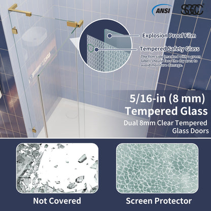 Flexi-L 50-54" W X 70" H Bathroom Glass Shower Doors,Semi-Frameless Brushed Gold,Tempered Glass Shower Door With Handle