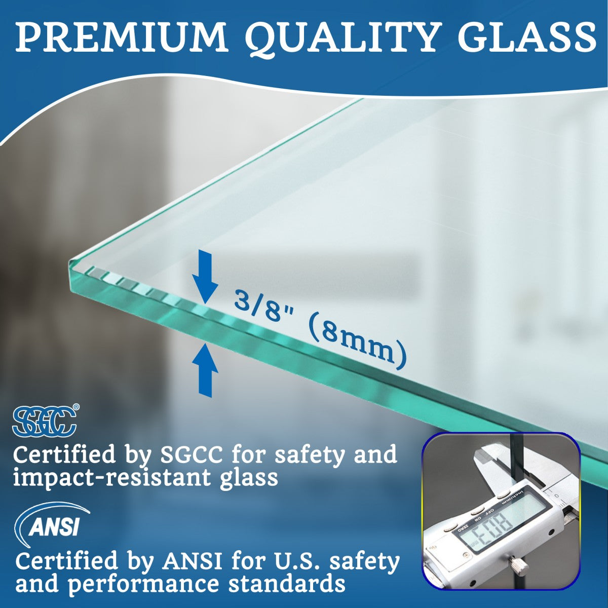 Premium 3/8" (8mm) SGCC and ANSI certified tempered glass shower door panel, impact-resistant and high-temperature tested for safety.
