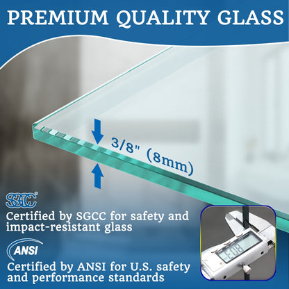 Premium 3/8" (8mm) SGCC and ANSI certified tempered glass shower door panel, impact-resistant and high-temperature tested for safety.
