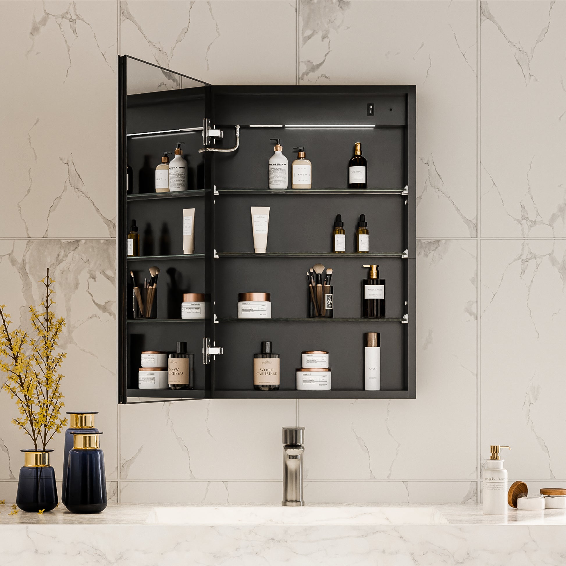 Boost-M1 20" W x 30" H Light Medicine Cabinet Recessed or Surface Mount Aluminum Adjustable Shelves Vanity Mirror Cabinet, Black Frame, Hinge on the Left - ExBriteUSA