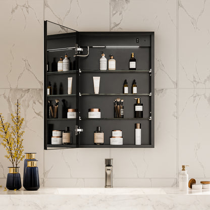 Boost-M1 20" W x 30" H Light Medicine Cabinet Recessed or Surface Mount Aluminum Adjustable Shelves Vanity Mirror Cabinet, Black Frame, Hinge on the Left - ExBriteUSA