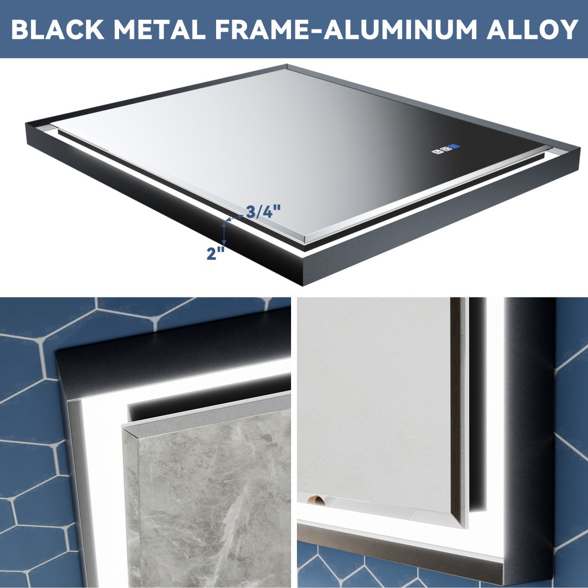 Verloar 22" W x 34" H Framed Lighted Bathroom  Mirror,Dimmable,Anti Fog,Front-Lit Illumination,Matte Black