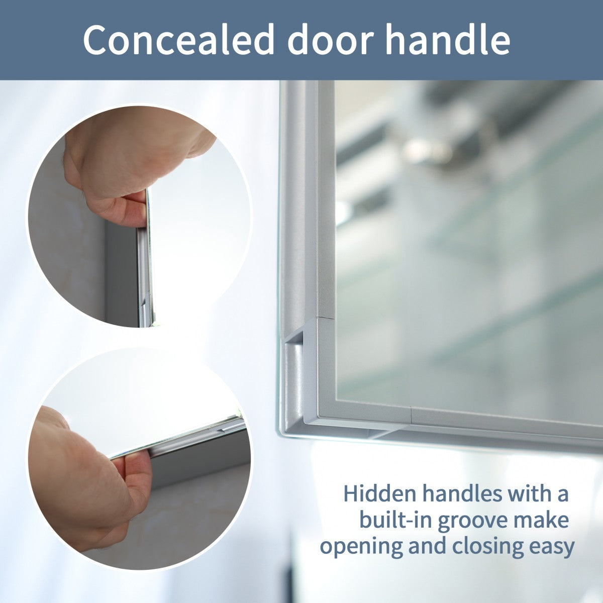 Concealed door handle system with close-up of hand operation and glass door background.