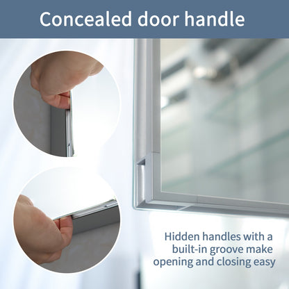 Concealed door handle system with close-up of hand operation and glass door background.