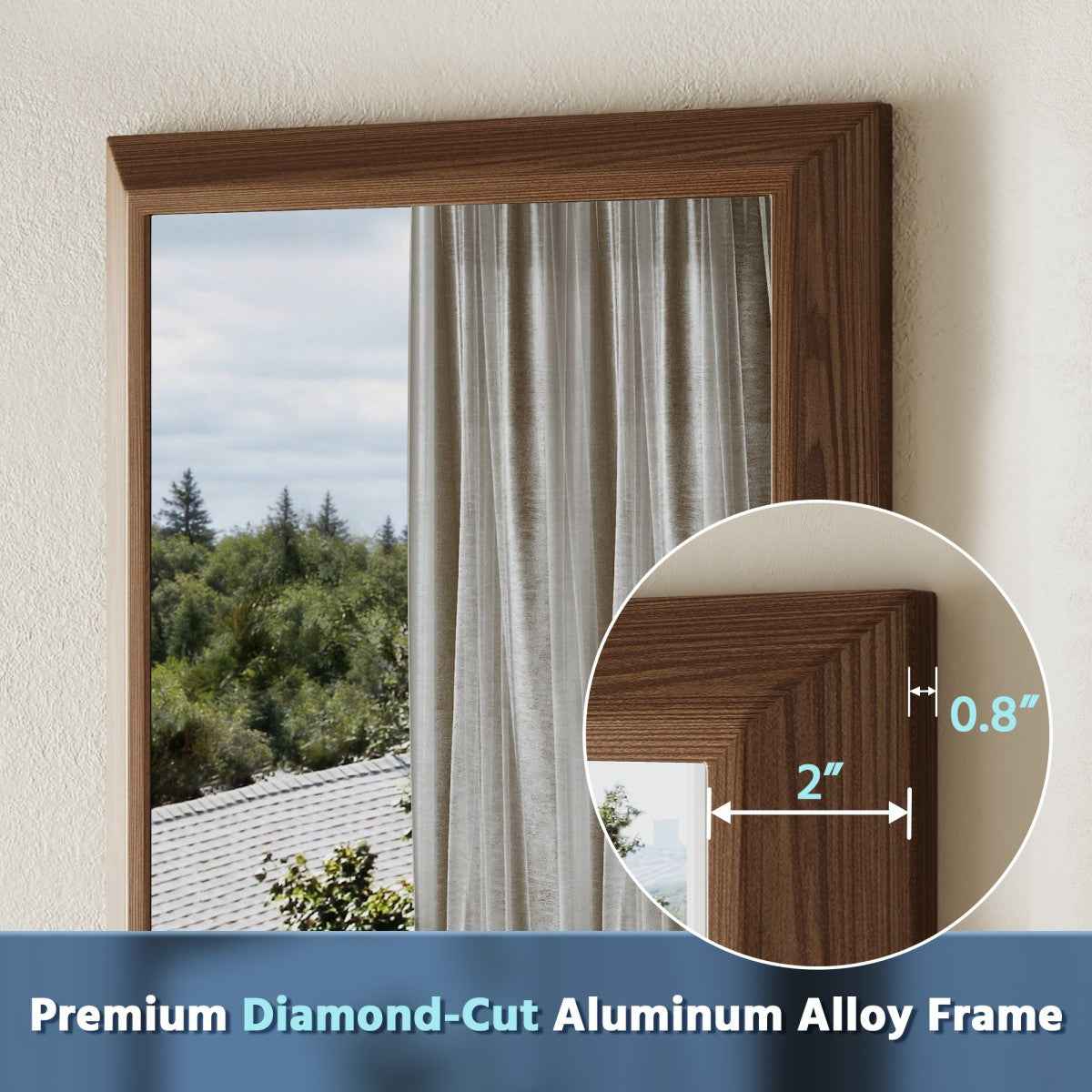 16" x 24" Modern, Elegant Rectangular Wall Mirror with Tempered Glass, Shatterproof, Rust-Resistant Dark Wood Grain Aluminum Frame for Bathroom, Living Room & Hallway| Nolhurst
