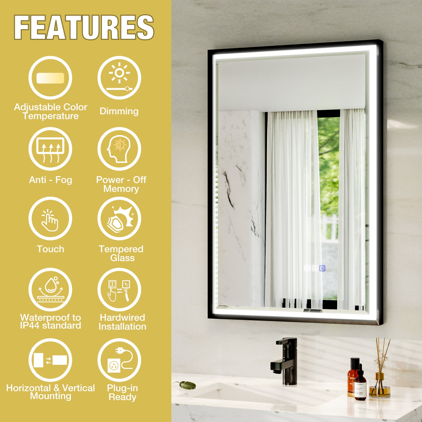 Verloar 22" W x 34" H Dimmable Lighted Bath Mirror with Light, Anti Fog and Matte Black Frame