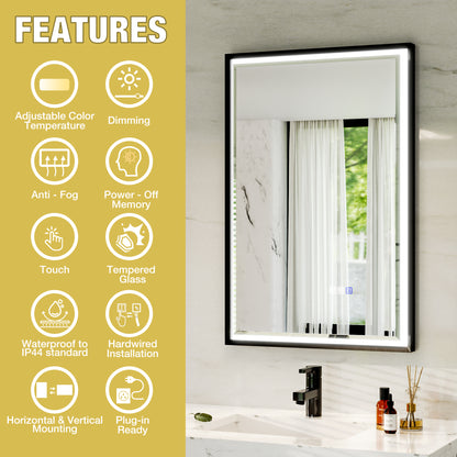 Verloar 22" W x 34" H Dimmable Lighted Bath Mirror with Light, Anti Fog and Matte Black Frame
