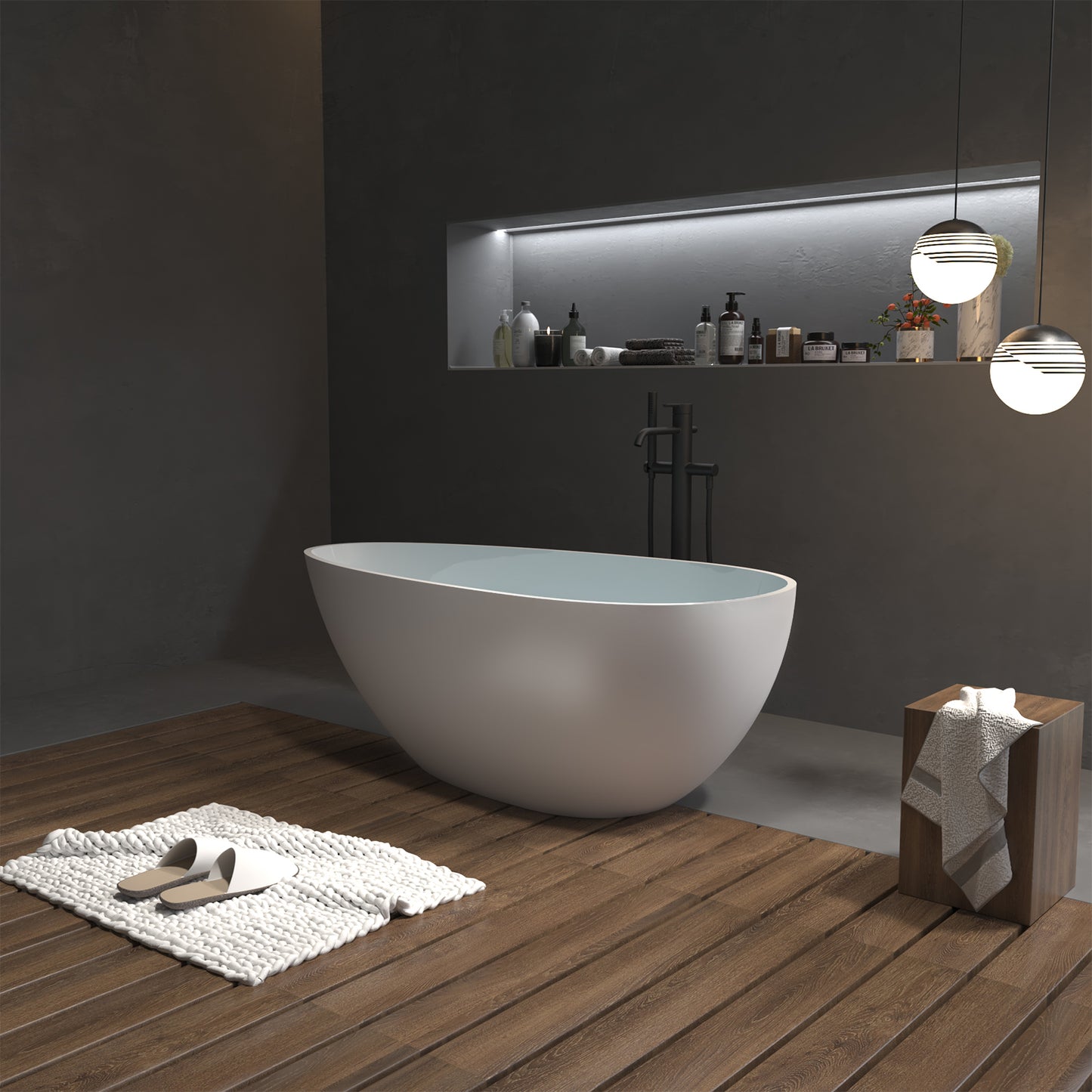 ExBrite 59" Solid Surface Free standing tub Bathroom Adult Egg Shaped Bathtub