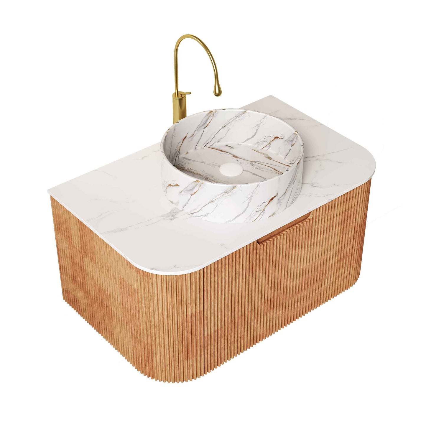 ExBrite DN 30' Bathroom Vanity & Sink, Wall-Mounted Floating Curved Edges Striped Bathroom Storage Cabinet with Drawer, White Round Ceramic Basin with Stone Pattern, Pre-assembled, Natural Woodgrain Color