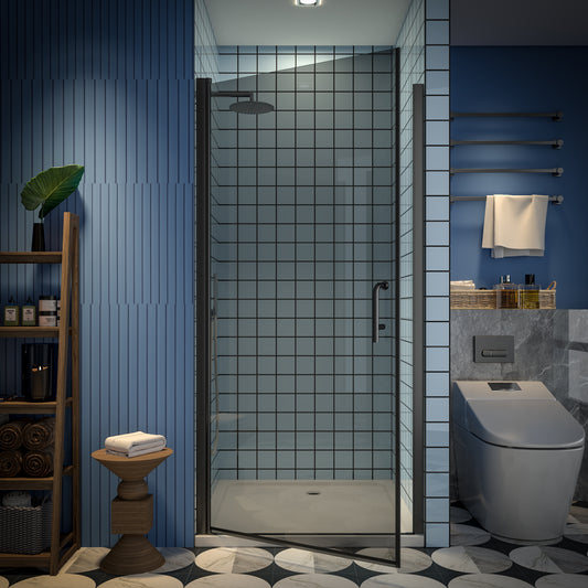 Classy-G 32-33.3" W x 72" H Pivot Frameless Shower Door Matte Black Smoke Gray Glass Shower Door with Handle