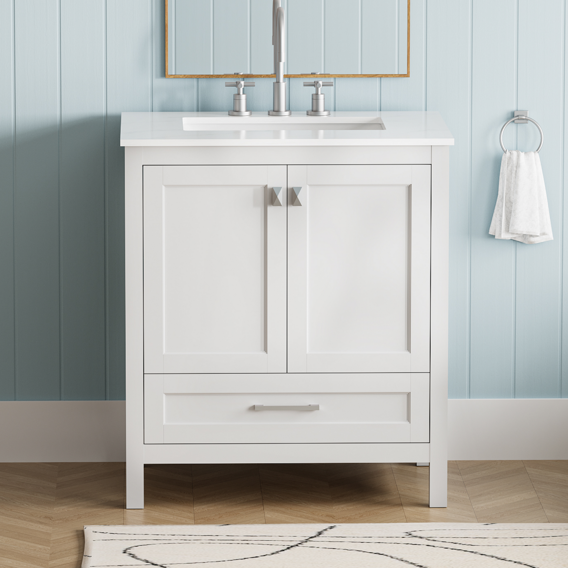 ExBrite 30" Freestanding Bathroom Vanity with Sink, Carrara Engineered Marble Vanity Top with Under-mounted Rectangular Ceramic Sink, Large Storage Soft-Close Door, Solid Wood Frame, White - ExBriteUSA