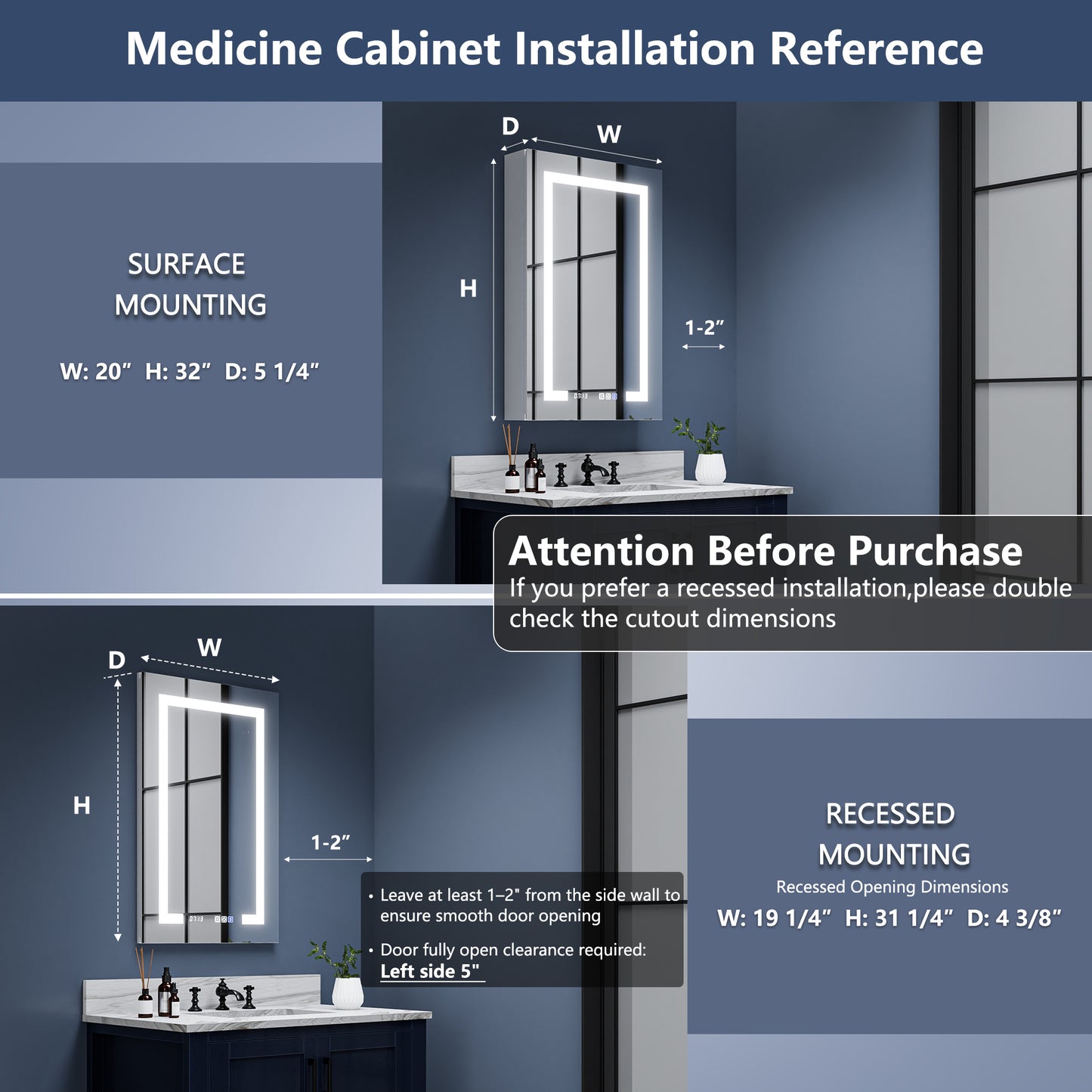 Boost-M2 20" W x 32" H Bathroom Narrow Light Medicine Cabinets with Vanity Mirror Recessed or Surface, Left Hinge