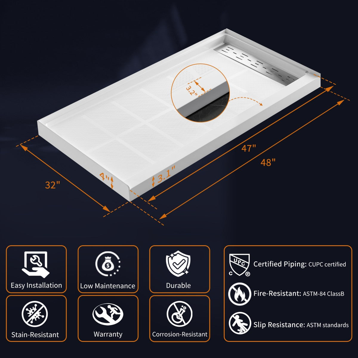 Pequod-R 48"x32" Premium Solid Surface Composite Shower Base,Non-Porous,Stain-Resistant,Long-Lasting