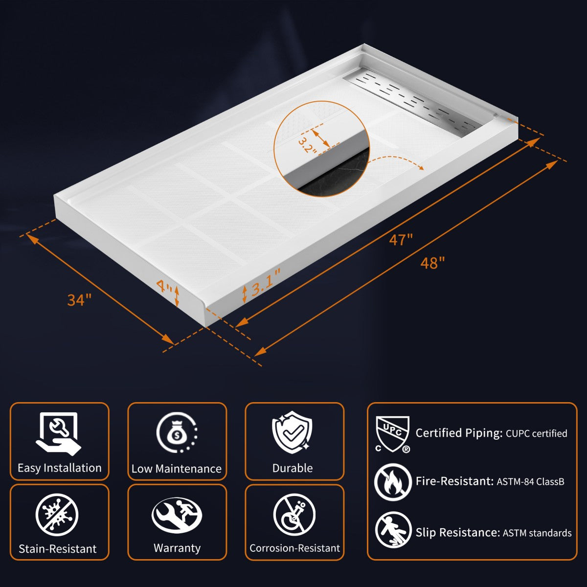Pequod-R 48"x36" Premium Solid Surface Composite Shower Base,Non-Porous,Stain-Resistant,Long-Lasting
