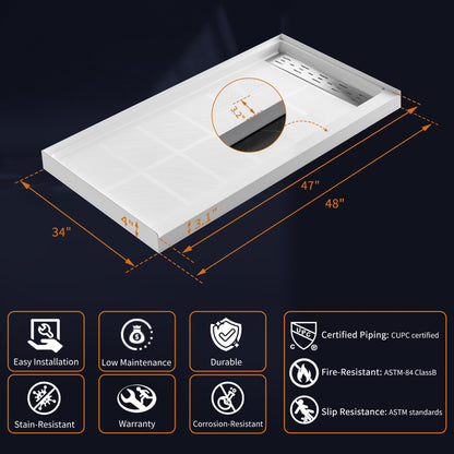 Pequod-R 48"x36" Premium Solid Surface Composite Shower Base,Non-Porous,Stain-Resistant,Long-Lasting