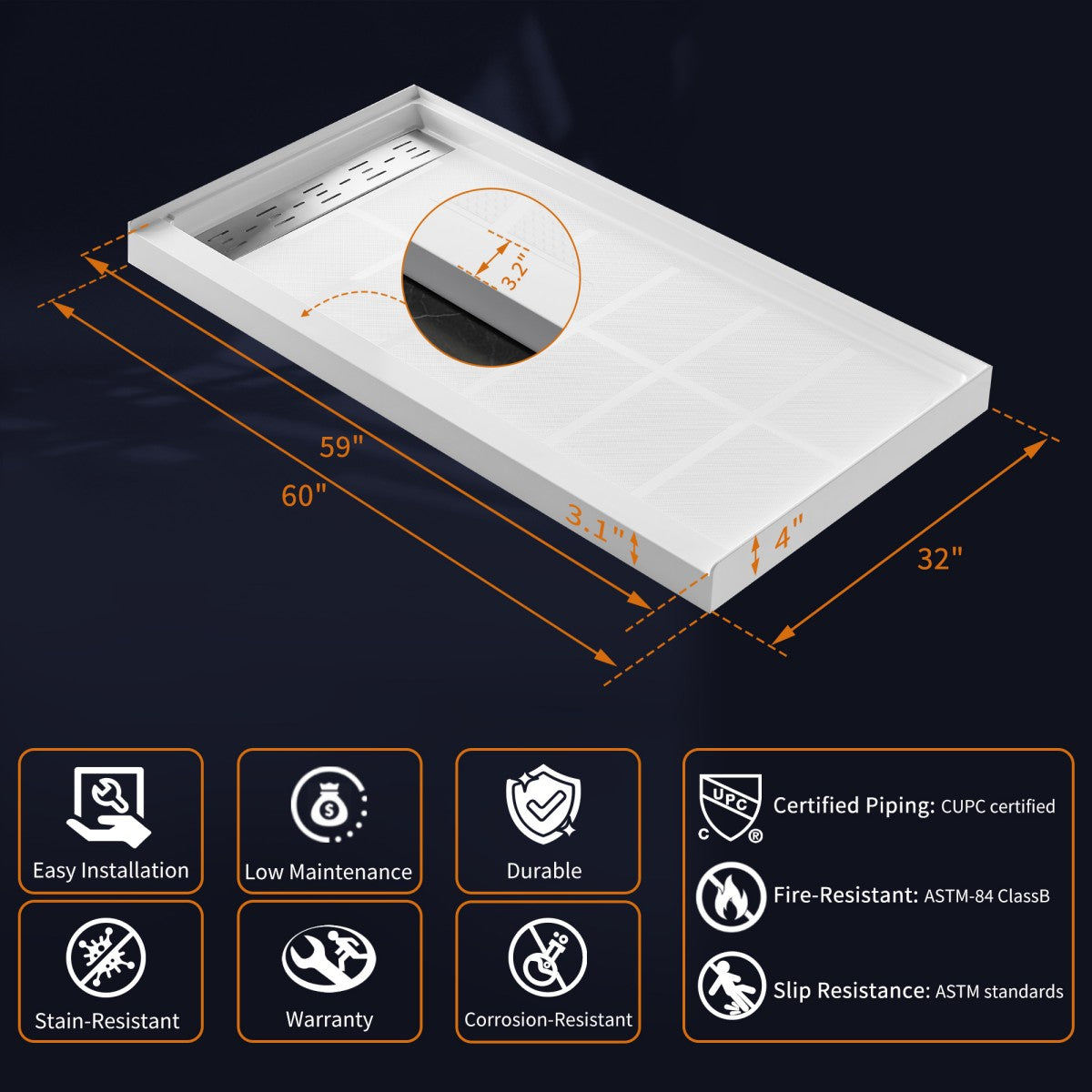 Pequod-L 60"x32" Premium Solid Surface Composite Shower Base,Non-Porous,Stain-Resistant,Long-Lasting