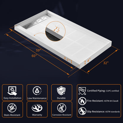 Pequod-L 60"x32" Premium Solid Surface Composite Shower Base,Non-Porous,Stain-Resistant,Long-Lasting