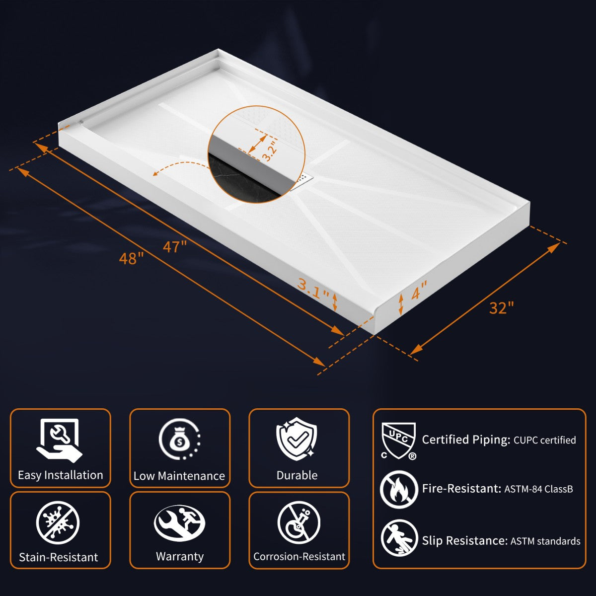 Pequod-M 48"x32" Premium Solid Surface Composite Shower Base,Non-Porous,Stain-Resistant,Long-Lasting