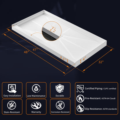 Pequod-M 48"x32" Premium Solid Surface Composite Shower Base,Non-Porous,Stain-Resistant,Long-Lasting