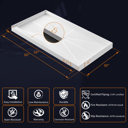 Pequod-M 60"x30" Premium Solid Surface Composite Shower Base,Non-Porous,Stain-Resistant,Long-Lasting
