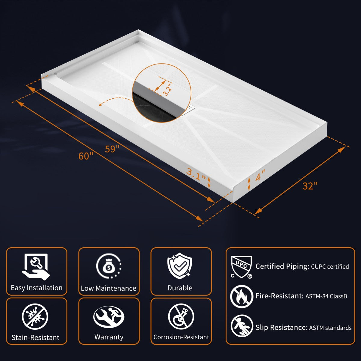 Pequod-M 60"x32" Premium Solid Surface Composite Shower Base,Non-Porous,Stain-Resistant,Long-Lasting