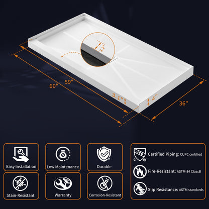 Pequod-M 60"x36" Premium Solid Surface Composite Shower Base,Non-Porous,Stain-Resistant,Long-Lasting