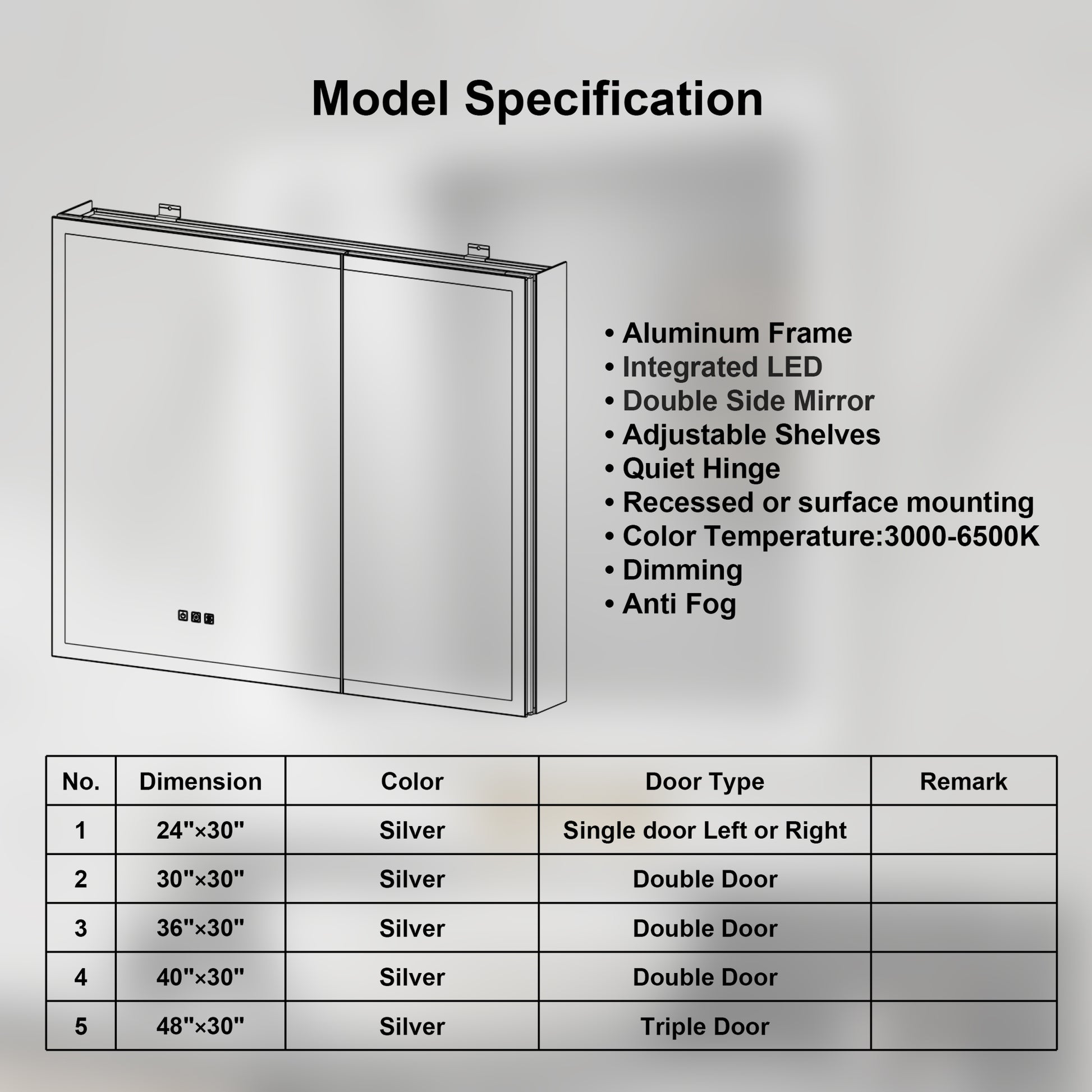 ExBrite 30"W x 30"H LED Medicine Cabinet with Anti-Fog, Stepless Color Temperature and Dimming, Adjustable Shelves, Aluminum Frame, Recessed or Surface Mount - ExBriteUSA
