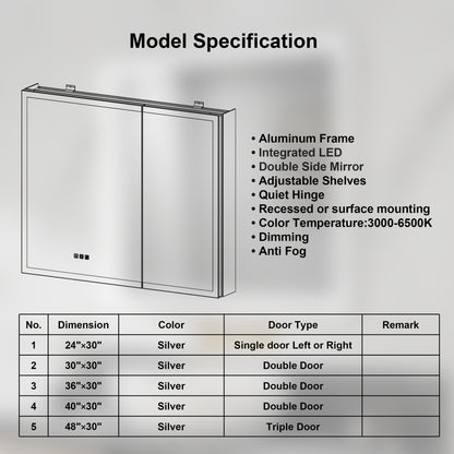 ExBrite 30"W x 30"H LED Medicine Cabinet with Anti-Fog, Stepless Color Temperature and Dimming, Adjustable Shelves, Aluminum Frame, Recessed or Surface Mount - ExBriteUSA