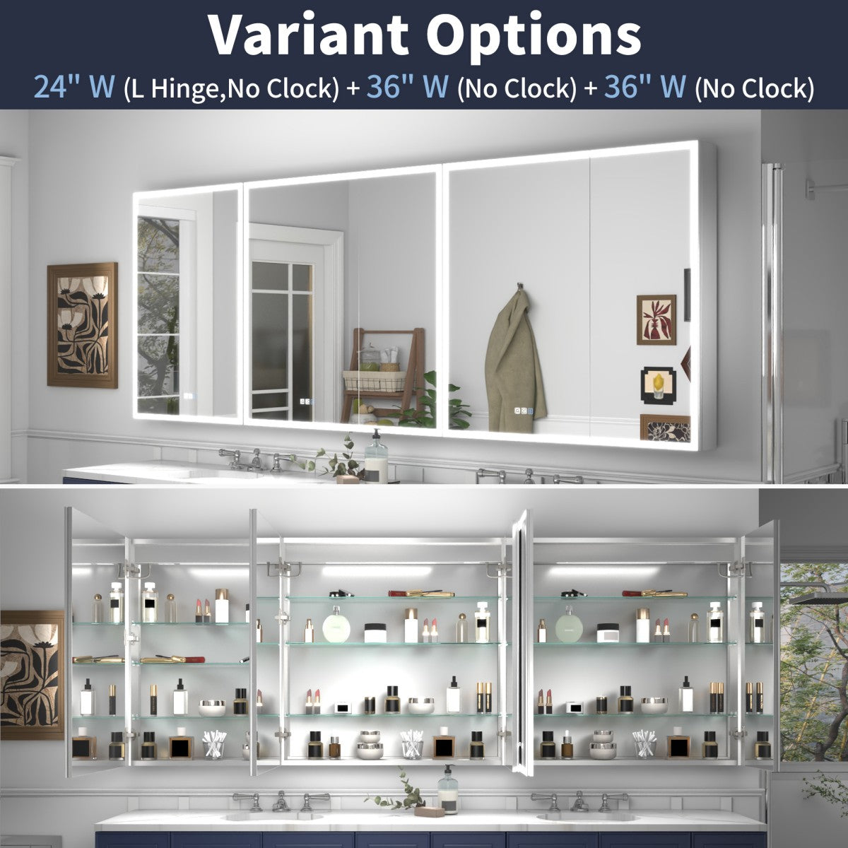 Rim 96" W x 36" H LED Lighted Medicine Cabinet Recessed or Surface with Mirrors